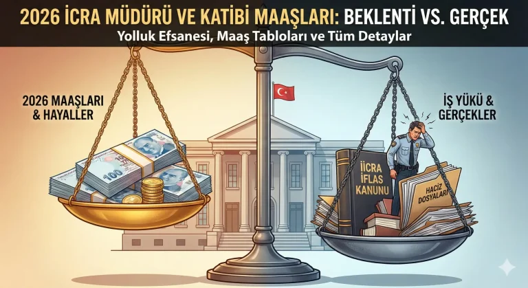 2026 icra müdürü ve icra katibi maaşları ile ağır iş yükü gerçeğini karşılaştıran terazi görseli. Bir kefede para ve hayaller, diğer kefede hukuki sorumluluk, dosya yükü ve stres var. Başlık: Beklenti vs. Gerçek.