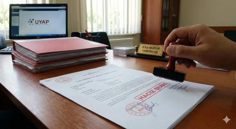 İcra Müdür Yardımcısı ofisinde, arka planda UYAP ekranı açıkken, Haciz Kaldırma Kararı belgesi üzerine haciz fekki (kaldırıldı) mührü basarken.
