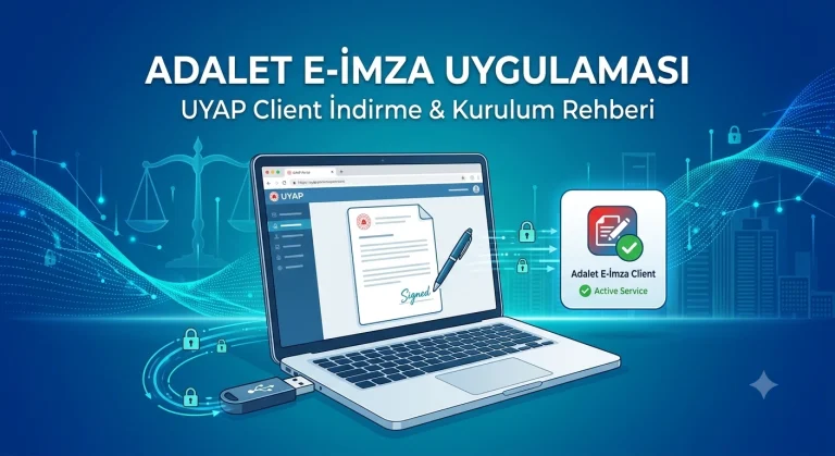 UYAP Client indirme ve kurulum rehberi içeren dizüstü bilgisayar, USB e-imza ve dijital kilit sembollerini gösteren Adalet E-İmza Uygulaması öne çıkarılan görseli.