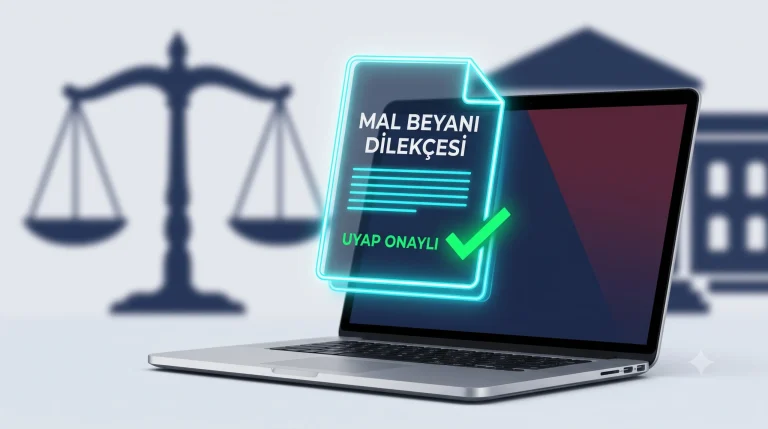 Dizüstü bilgisayar ekranından yükselen UYAP onaylı dijital mal beyanı dilekçesi ve arka planda adalet terazisi.